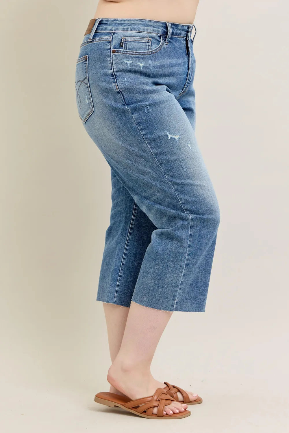Judy Blue Plus Size High Waist Back Destroy & Raw Cut Hem Crop Wide Jeans