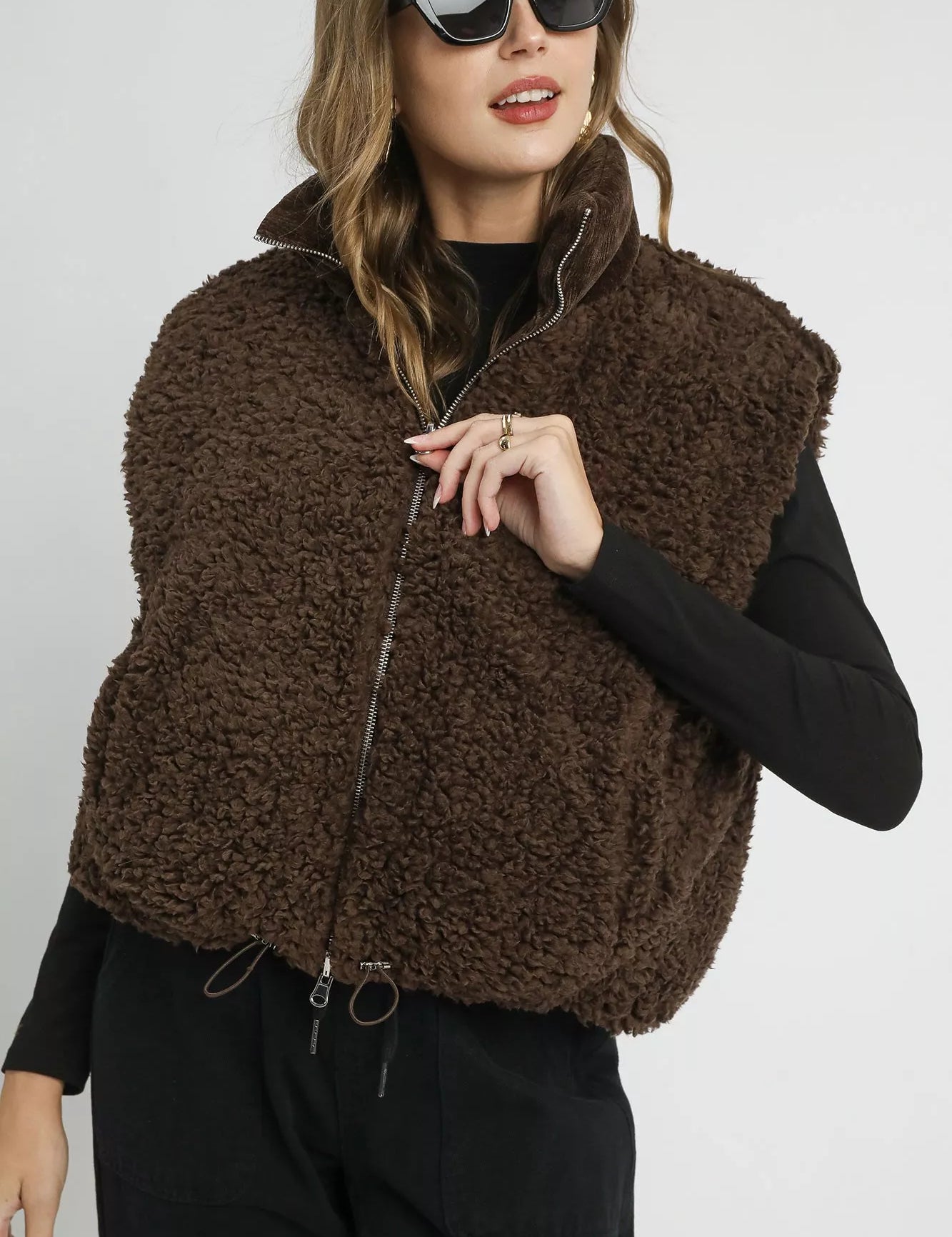 Brown Umgee Sherpa-Lined Zip Vest with Drawstring Hem | Vest Jackets Daverri Fashions