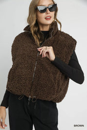Brown Umgee Sherpa-Lined Zip Vest with Drawstring Hem | Vest Jackets Daverri Fashions
