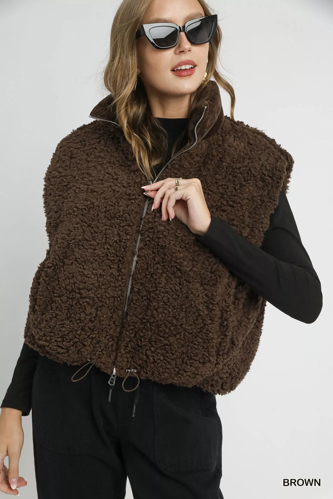 Brown Umgee Sherpa-Lined Zip Vest with Drawstring Hem | Vest Jackets Daverri Fashions