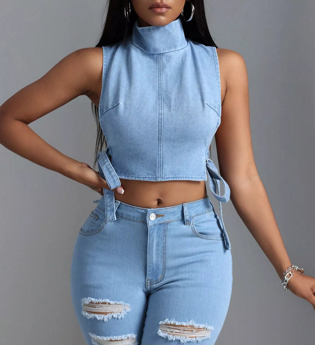 Sleeveless Cropped Denim Turtleneck Top with Side Tie Details | Tops Daverri Fashions