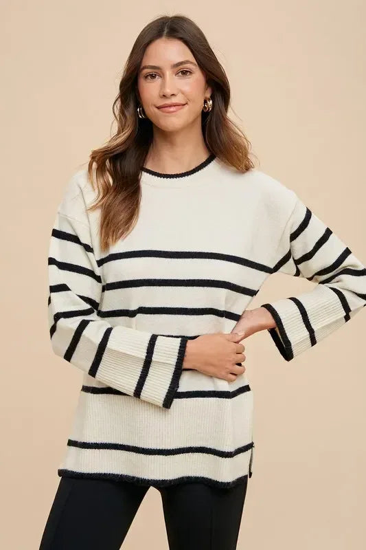 Annie Wear Side Slit Striped Round Neck Sweater - DAVERRI FASHIONS