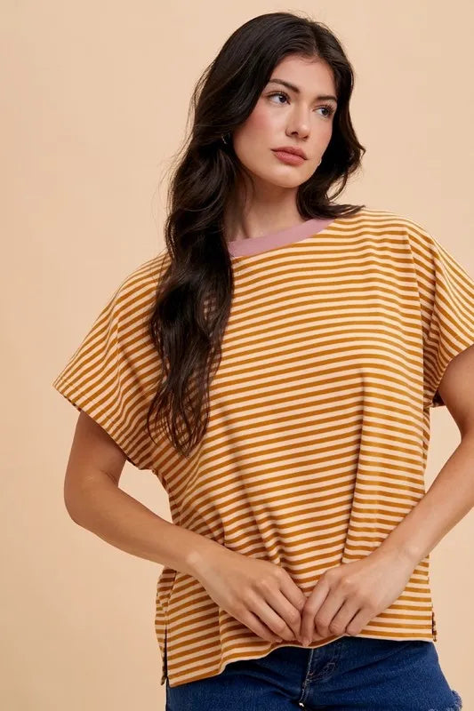 Annie Wear Stripe Soft Brushed Knit Dolman Sleeve Top CREAM MUSTARD