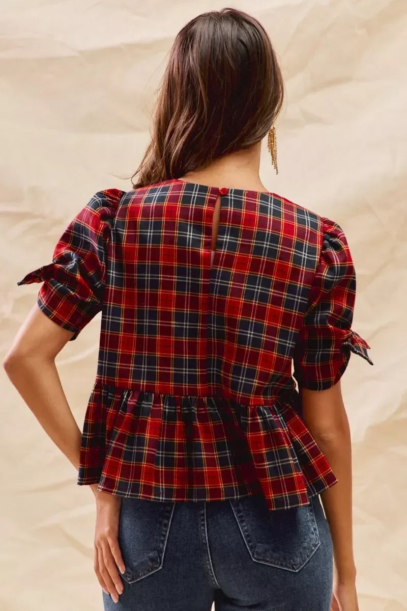 SO ME Christmas Holiday Plaid Ribbon Short Sleeves Top - DAVERRI FASHIONS