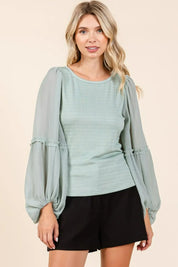 Sage Mittoshop Mixed Media Textured Knit Chiffon Long Sleeve Top | Tops Daverri Fashions