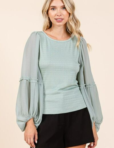 Mittoshop Mixed Media Textured Knit Chiffon Long Sleeve Top Sage S