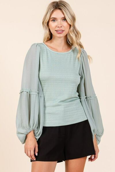 Mittoshop Mixed Media Textured Knit Chiffon Long Sleeve Top Sage S