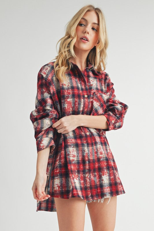 Aemi + Co Washed Plaid Button Up Raglan Sleeve Flannel Shirt