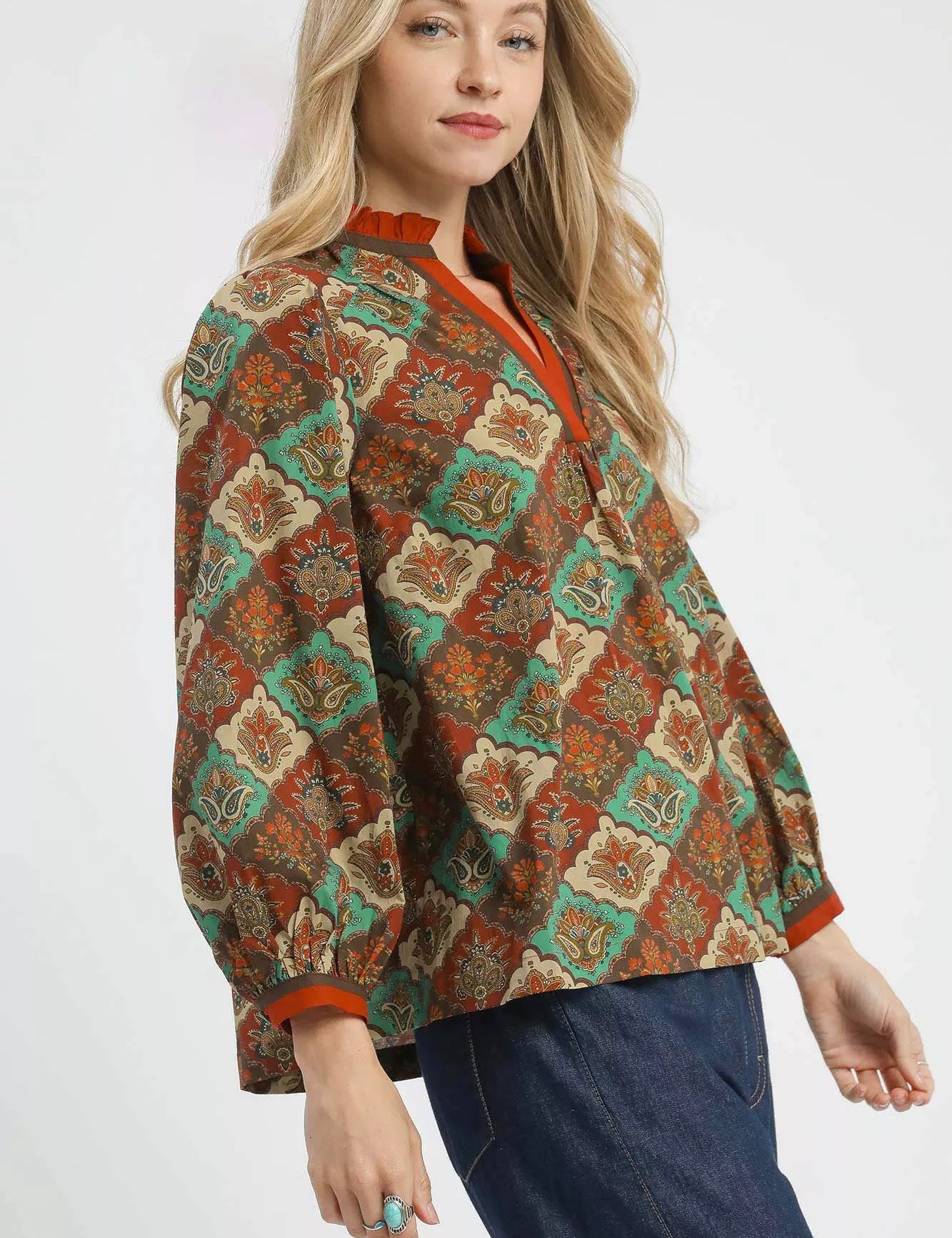 Umgee Abstract Print Ruffle Neck Top | Daverri Fashions