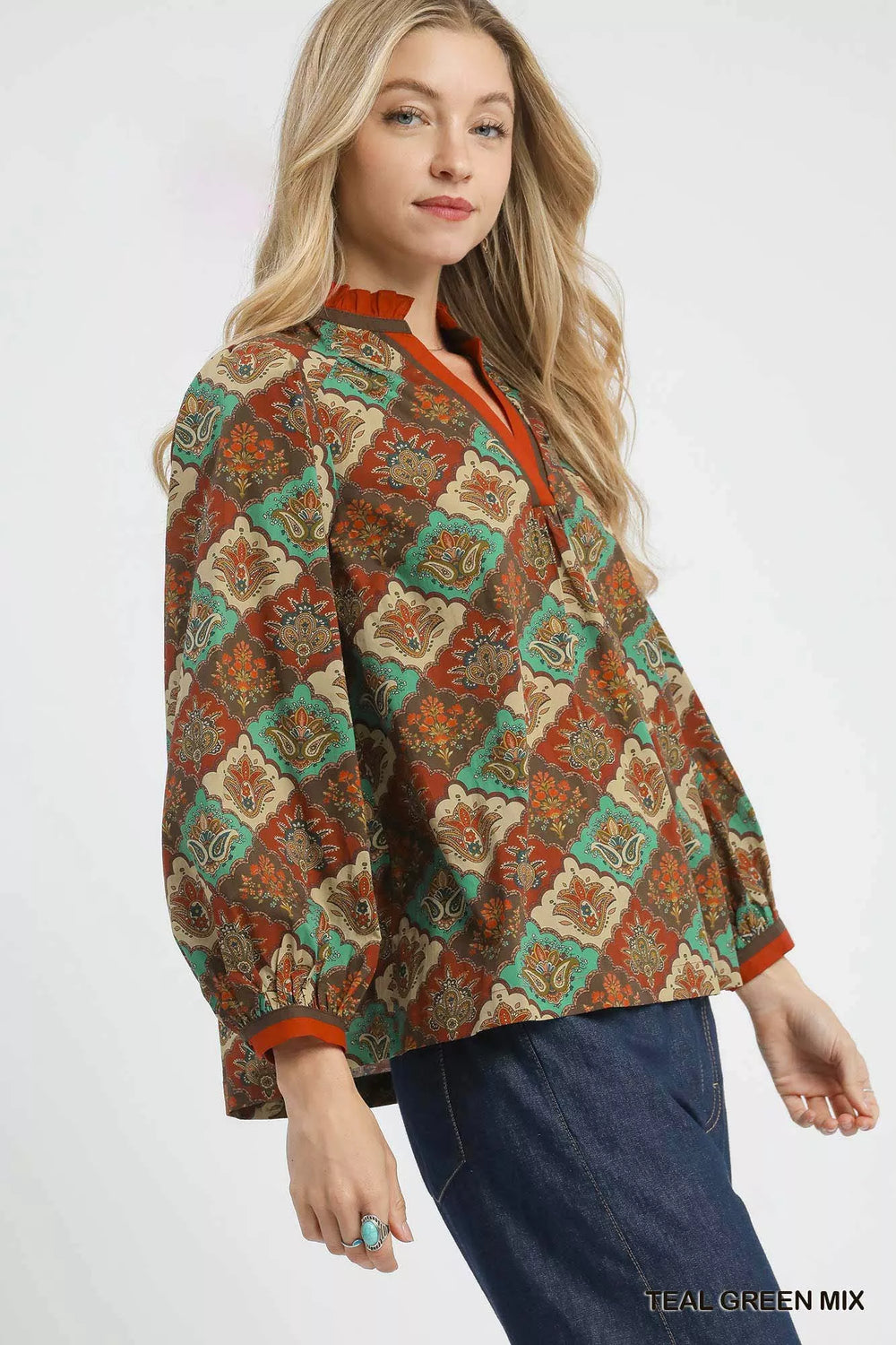 Umgee Abstract Print Ruffle Neck Top | Daverri Fashions