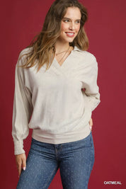 OATMEAL Umgee Linen Long Sleeves Elastic Hem Blouse | Blouses Daverri Fashions