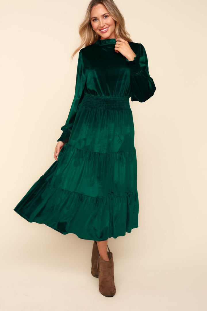 Haptics Mock Neck Smocked Waist Velvet Tiered Dress Hunter Green Tops