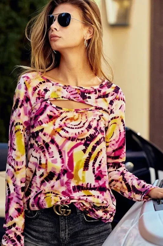 BiBi Print Tie Dye Rib Knit Top With Cut Out Neck - DAVERRI FASHIONS