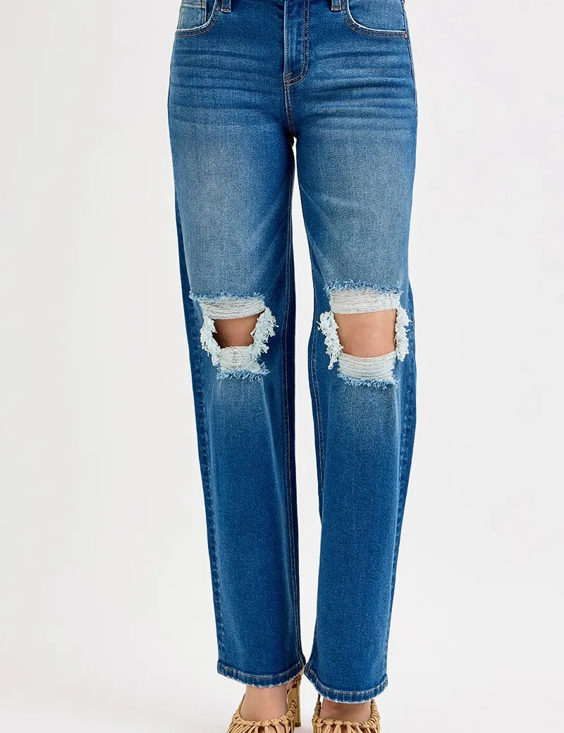 RISEN Full Size Mid Waist Fit Boyfriend Knee Distressed Jeans | Jeans Daverri Fashions