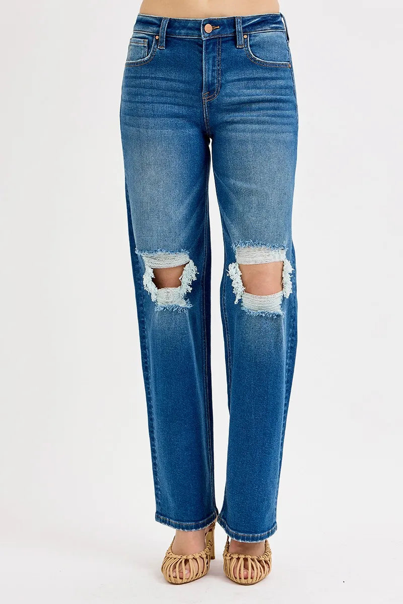 RISEN Full Size Mid Waist Fit Boyfriend Knee Distressed Jeans Jeans