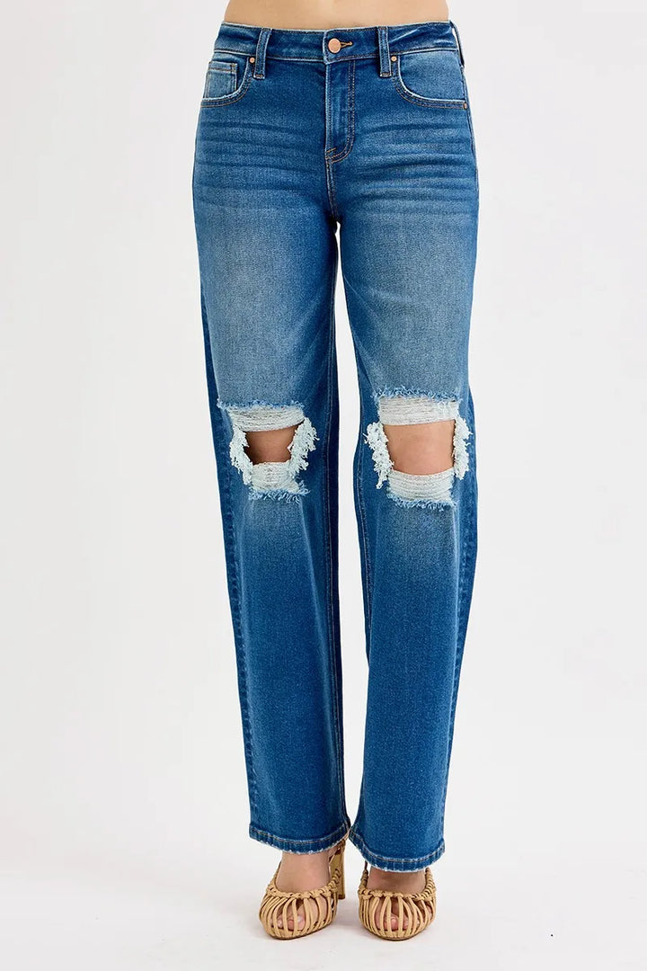 RISEN Full Size Mid Waist Fit Boyfriend Knee Distressed Jeans Jeans