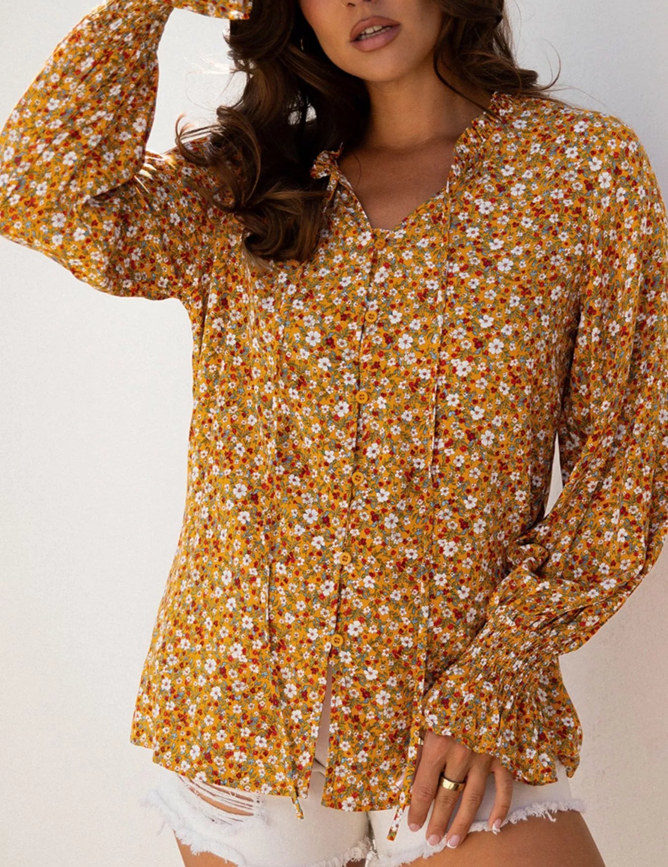 Floral Floral Ruffled Bubble Sleeve Tie Neck Blouse | Blouses Daverri Fashions