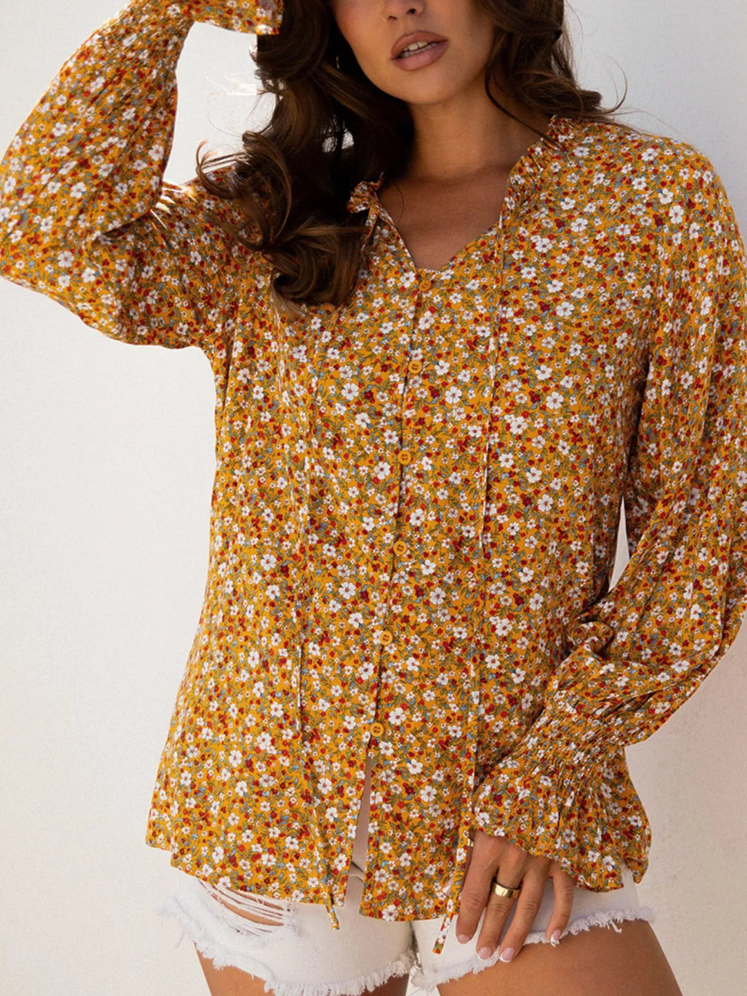 Floral Floral Ruffled Bubble Sleeve Tie Neck Blouse | Blouses Daverri Fashions
