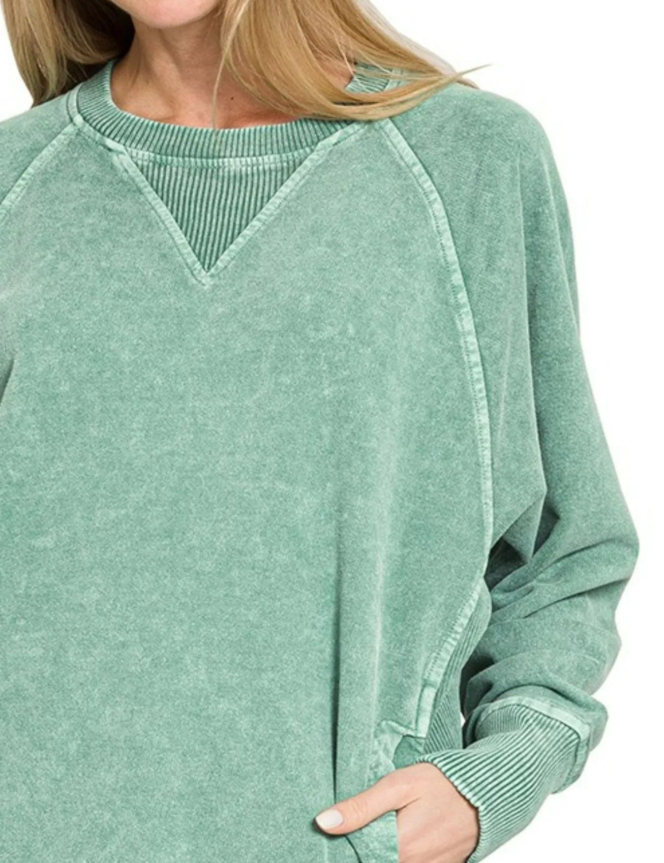 Zenana Halo Snow Washed French Terry Round Neck Sweatshirt DK Green | Sweatshirts Daverri Fashions