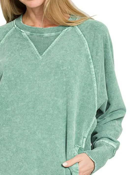Zenana Halo Snow Washed French Terry Round Neck Sweatshirt DK Green - DAVERRI FASHIONS