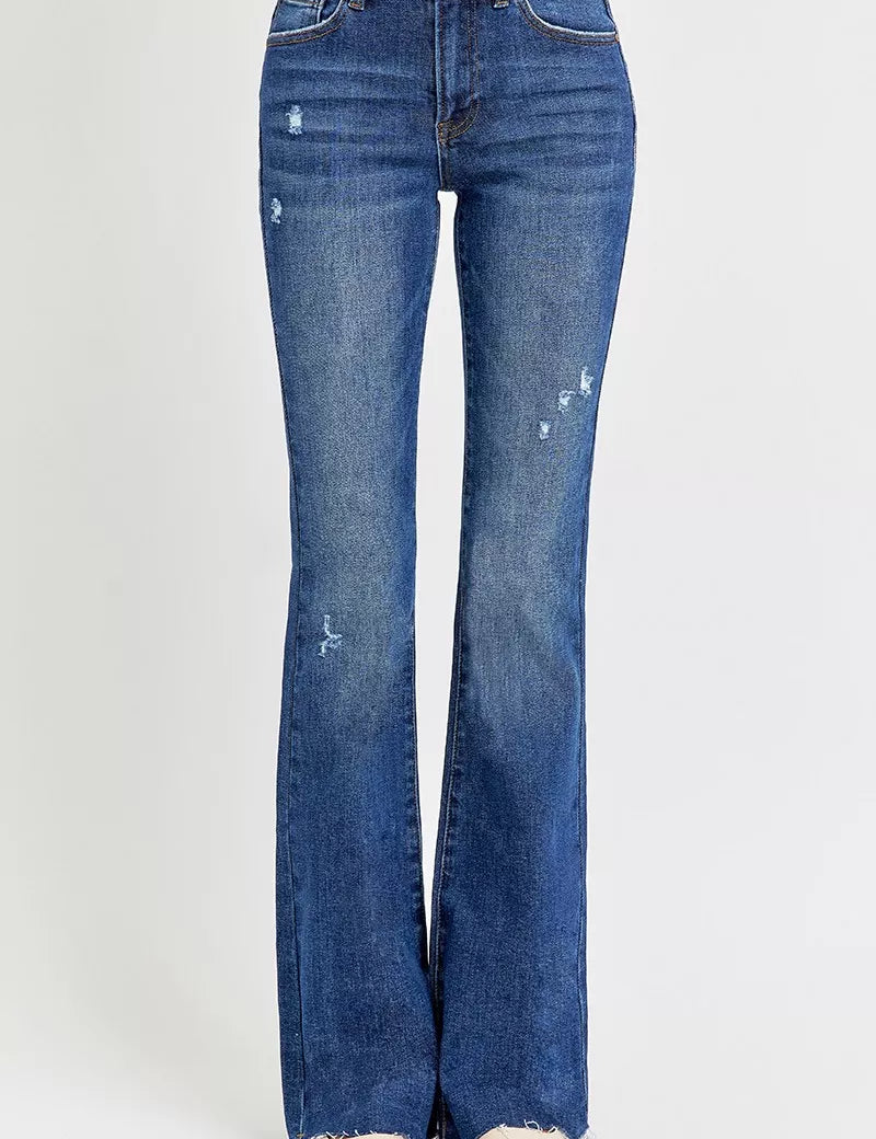 RISEN Full Size Distressed Mid Rise Flare Jeans Plus Size | Jeans Daverri Fashions
