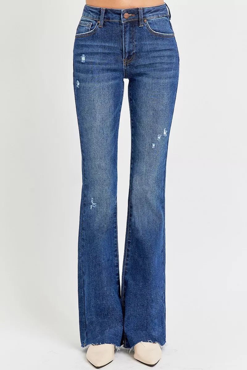 RISEN Full Size Distressed Mid Rise Flare Jeans Plus Size | Jeans Daverri Fashions