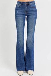 RISEN Full Size Distressed Mid Rise Flare Jeans Plus Size | Jeans Daverri Fashions
