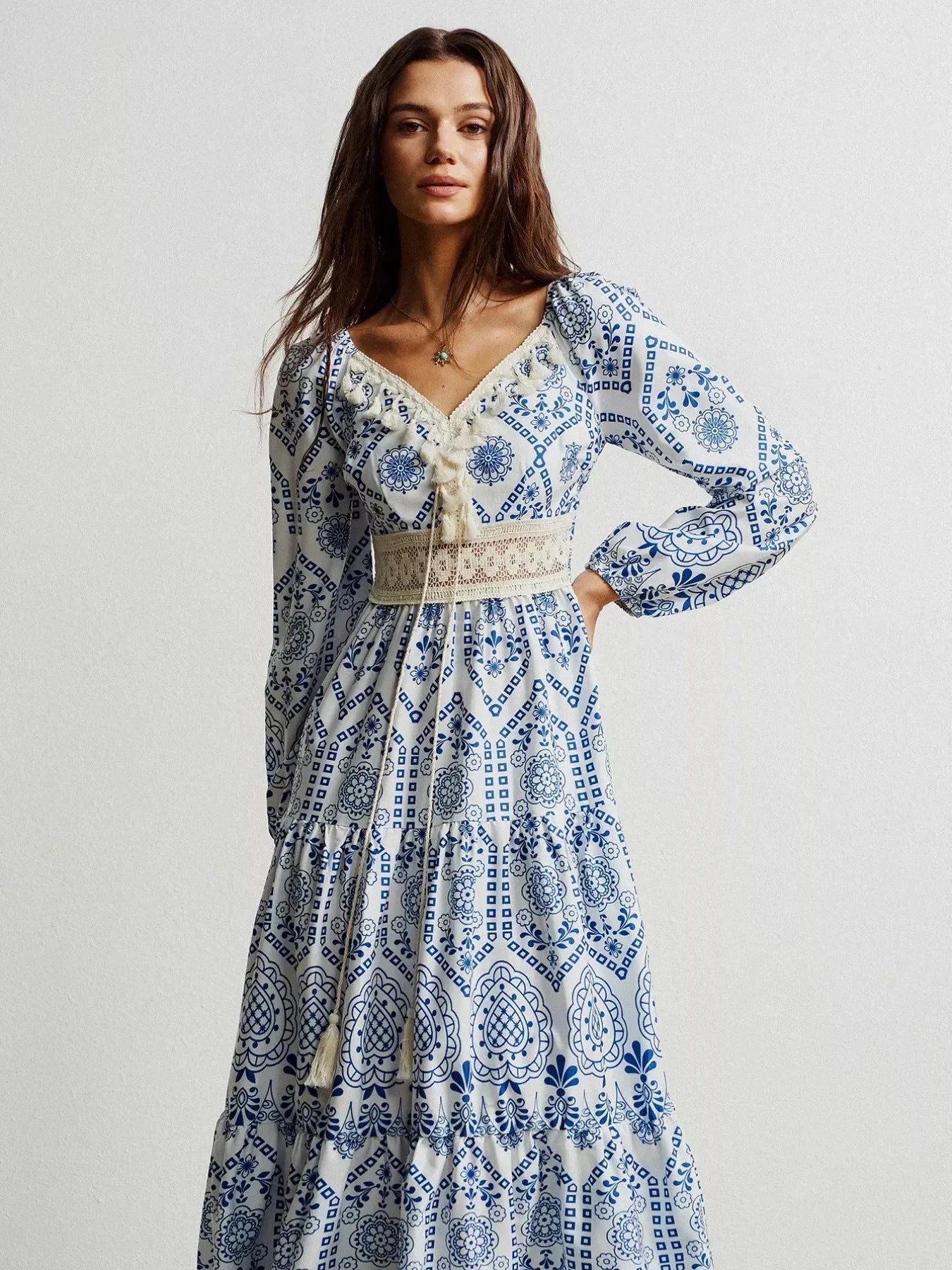 Daverri Fashions Bohemian Print Midi Dress with Tassel Detail - DAVERRI FASHIONS