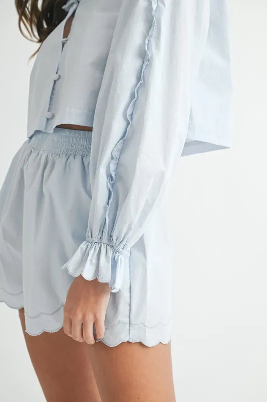 MABLE Long Sleeve Scallop Blouse and Shorts Set Outfit Sets