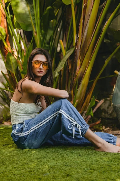 BiBi Striped Tape Details With Bot Tied Point Elastic Waist Jeans - DAVERRI FASHIONS