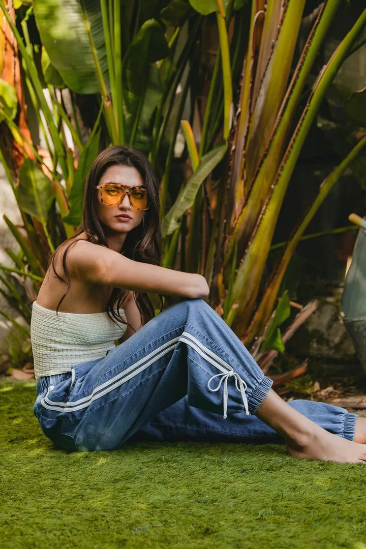 BiBi Striped Tape Details With Bot Tied Point Elastic Waist Jeans Jeans