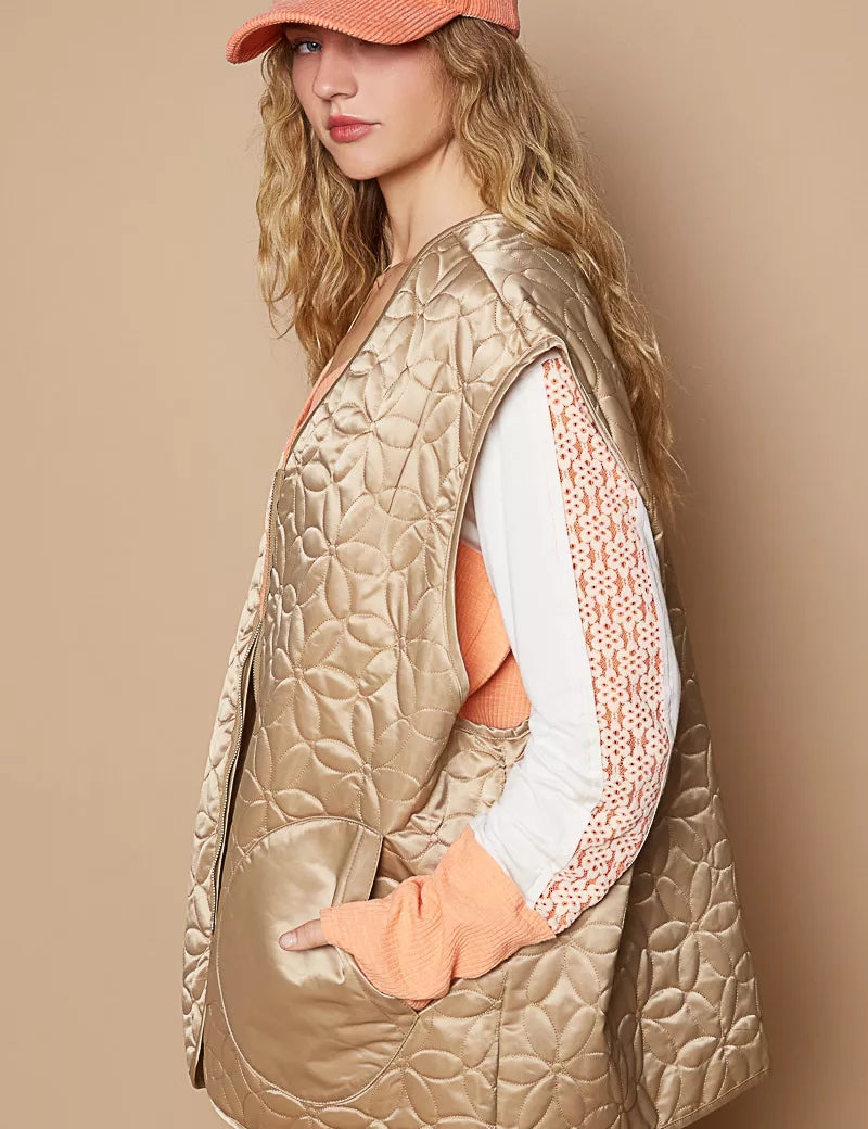 POL Front Zipper Floral Pattern Quilted Vest Coat with Front Pockets | Vest Coats Daverri Fashions
