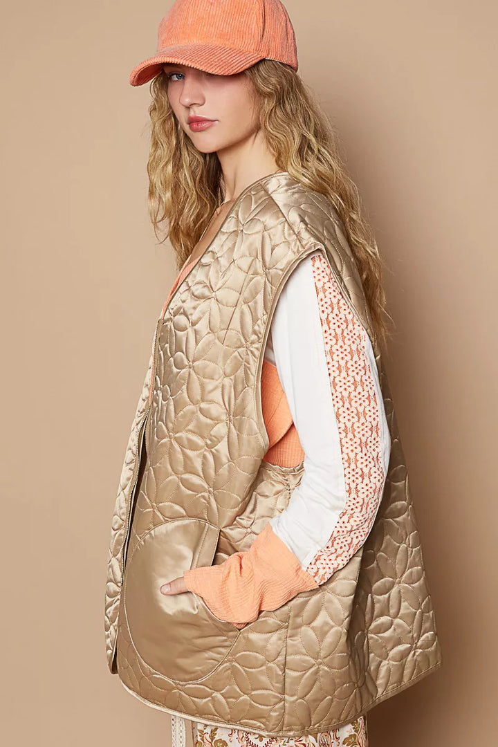 POL Front Zipper Floral Pattern Quilted Vest Coat with Front Pockets | Vest Coats Daverri Fashions