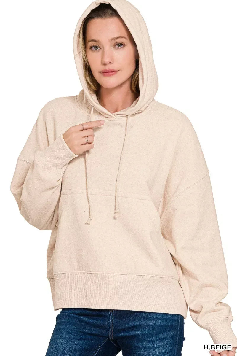 Zenana Oversized Fleece Kangaroo Pocket Hoodie Beige - DAVERRI FASHIONS