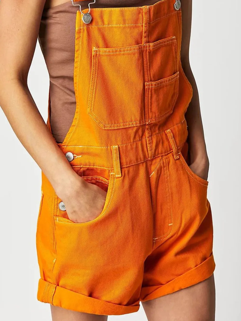 Daverri square neck wide strap denim shortalls in bright orange with pockets and silver buttons