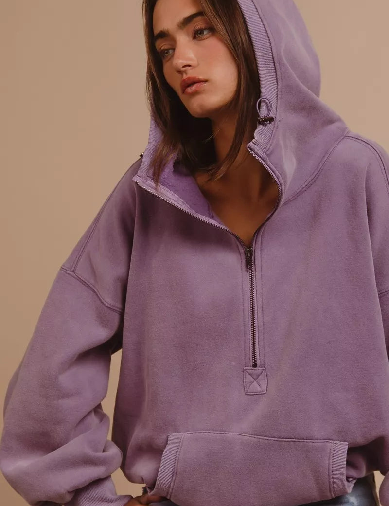 BiBi Stitch Detailed Elastic Hem Half Zip Fleece Hoodie Periwinkle | Hoodies Daverri Fashions