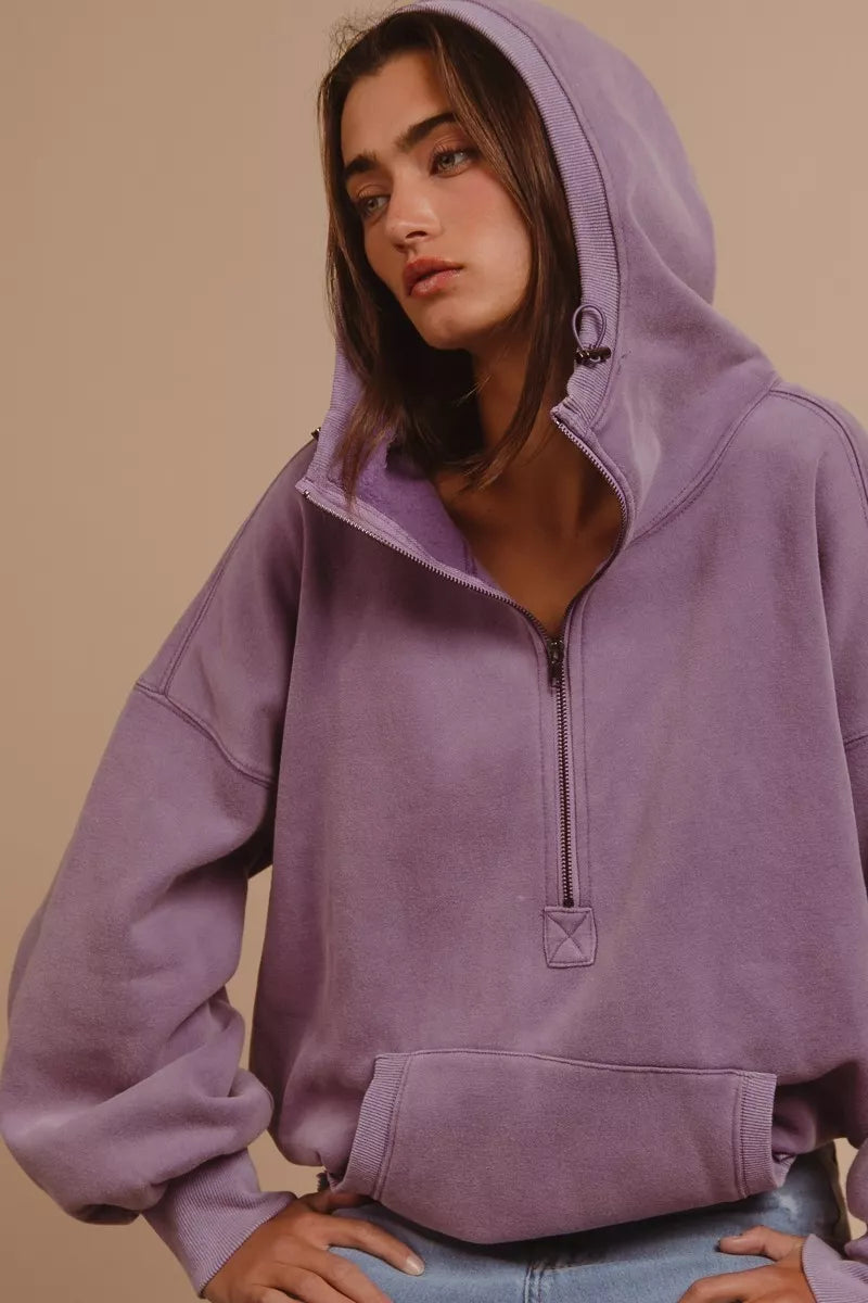 BiBi Stitch Detailed Elastic Hem Half Zip Fleece Hoodie | Hoodies Daverri Fashions