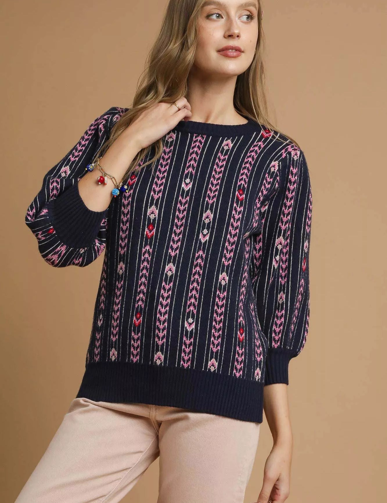 MIDNIGHT Umgee Jacquard Knit Puff Sleeve Sweater | Sweaters Daverri Fashions