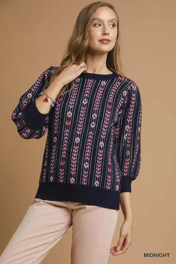 Umgee Jacquard Knit Puff Sleeve Sweater - DAVERRI FASHIONS