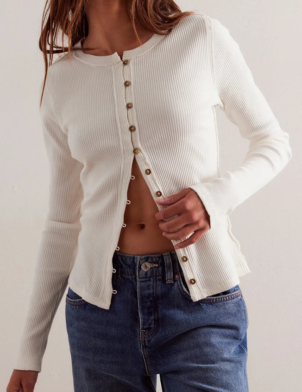 White Button Up Round Neck Long Sleeve Cardigan | Cardigans Daverri Fashions