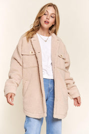 And The Why Teddy Sherpa Button Down Curved Hem Shacket | Shackets Daverri Fashions
