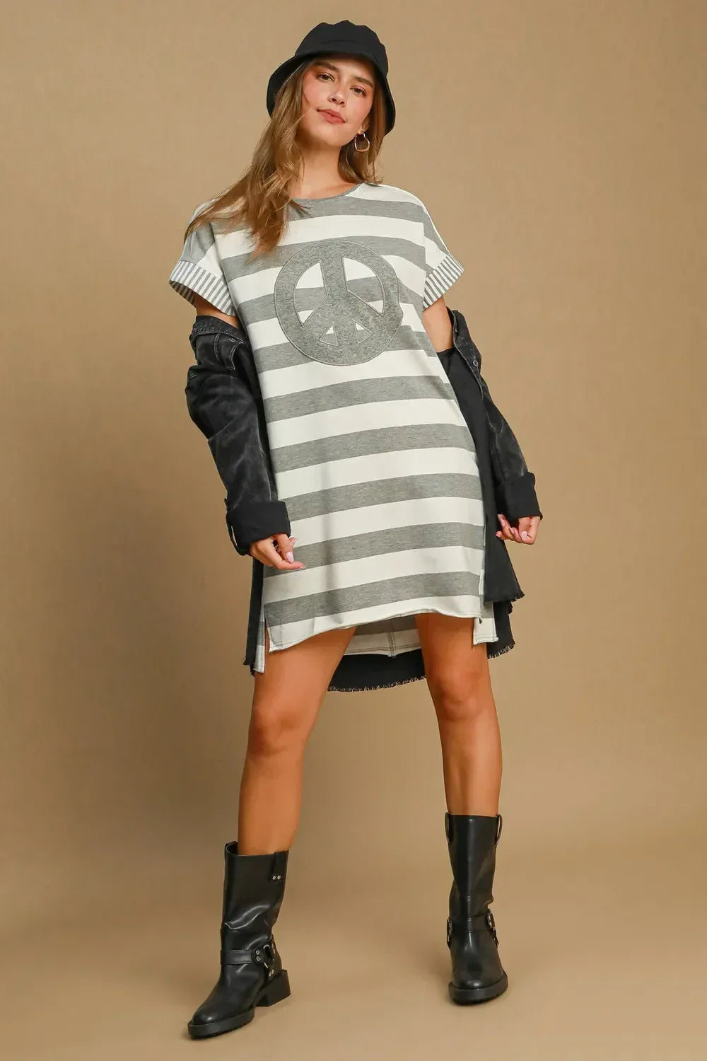 Umgee Peace Applique Striped Short Sleeve Mini Dress - DAVERRI FASHIONS
