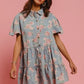 BiBi Floral Print Washed Lightweight Tiered Shirt Dress - DAVERRI FASHIONS