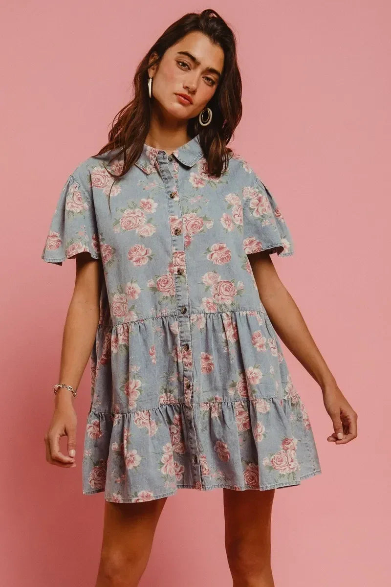 BiBi Floral Print Washed Lightweight Tiered Shirt Dress - DAVERRI FASHIONS