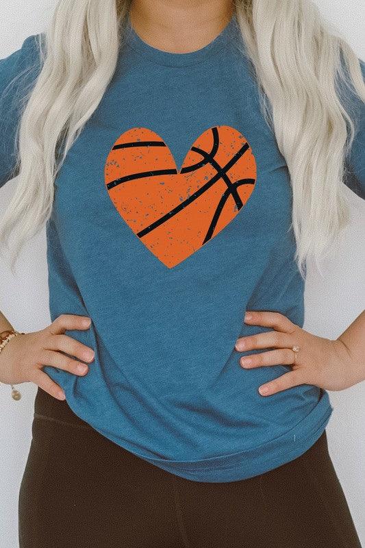 Distressed Basketball Hearts Sports Graphic Tee Heather Deep Teal Graphic Tees