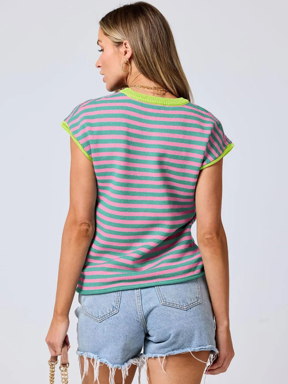 Contrast Round Neck Cap Sleeve Sweater | Sweaters Daverri Fashions