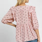 Umgee Full Size Ruffled Bow Print Tie Neck Peplum Blouse Plus Size Blouses