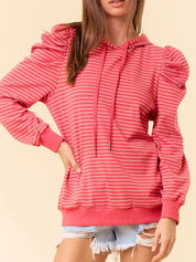 Coral striped hoodie with ruffled puff sleeves and drawstring hood