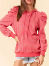 Striped Puff Sleeve Hoodie with Drawstring - DAVERRI FASHIONS