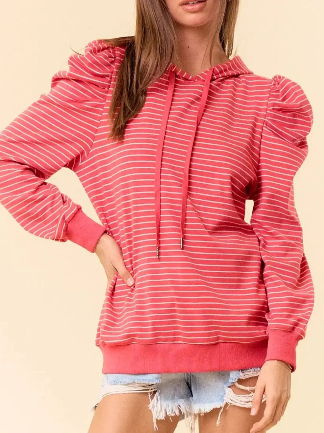 Striped Puff Sleeve Hoodie with Drawstring - DAVERRI FASHIONS